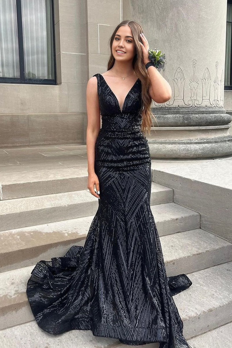 Mermaid Charming V Neck Black Sequins formal dresses evening gown Long Prom Dresses